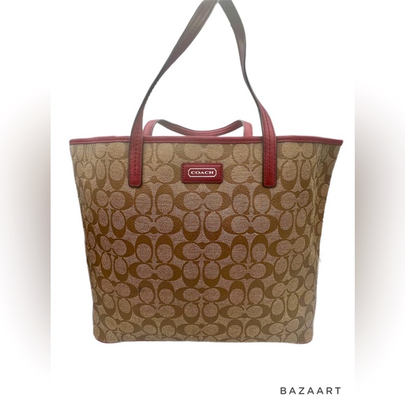 Coach Handbags - Coach Signature City Tote Bag khaki with maroon coated canvas